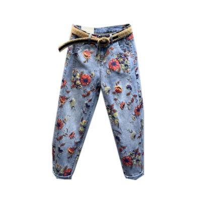 China New Design Viable Pants Wholesale Casual Denim Pants Womens High Waist Floral Print Jeans Plus Size Harem Pants for sale