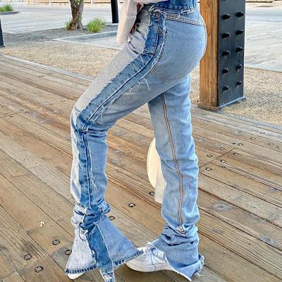 China Viable Stacked Jeans Women 2021 High Waist Bell Bottom Custom Spilled Straight Streetwear Pants Ladies Shape Jeans Wholesale for sale