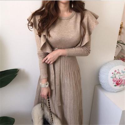 China New Viable Fashion Korean Style Long Sleeve Pleated Dress Women Solid Color Casual Ruffle High Waist Knitted Sweater Dress for sale