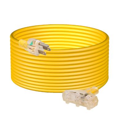 China P046 Home Appliance T-Blade Extension Cord 25FT 12/3 SJTW Triple Outlet Extension Cord With Lighted End NEMA 5-15P/R 15A 1875W for sale