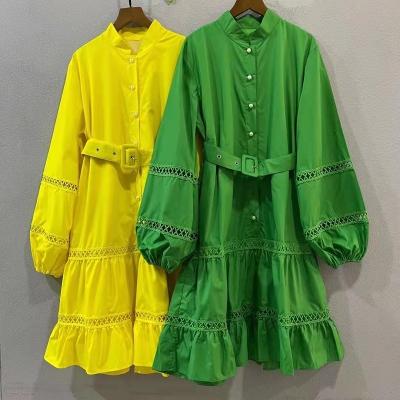 China New 2022 High Quality Anti-wrinkle Spring Fashion Style Dress Women Hollow Out Emboridery Lantern Sleeve Big Swing Yellow Green Casual Dress for sale