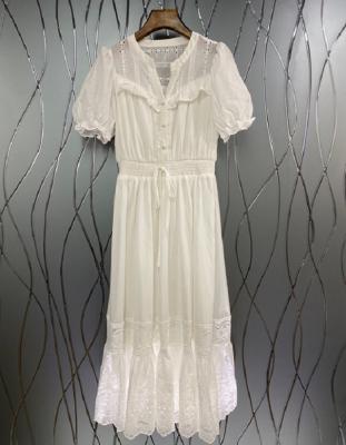 China Anti-wrinkle 100%Cotton Dress 2021 Summer Womnen Casual Clothing White Dress Hollow Embroidery High Quality Elastic Short Sleeve Waist for sale