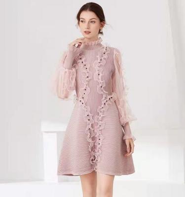 China Knitted Dress Good Quality Breathable 2022 Women Autumn Winer Long Sweater Dress Spring Ruffle Lace Beading Red-pink Deco Long Sleeve Dress for sale