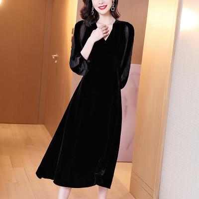 China 2021 Luxury Mid-Calf Length Velvet Patchwork 3/4 Sleeve Elegant Black Velvet Dress Anti-wrinkle Autumn Vintage Party Women Silk Soft Dress for sale