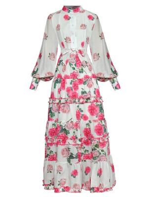 China 2022 Spring Fashion Anti-wrinkle Long Dress Women High Quality Charming Casual Party Maxi Dress Pink Blue Floral Print Lantern Long Sleeve for sale