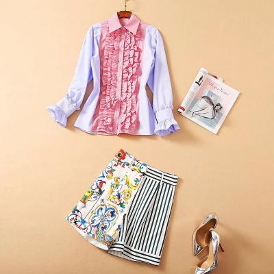 China Waterproof High Quality Short Sets 2021 Summer Spring Ladies Suits Turn-down Collar Striped Print Tops Short Shirt+Vintage Print Suit Set for sale