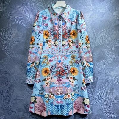 China 2021 turn-down collar Autumn Winter Style Ladies Dress Women's Good Quality Anti-wrinkle Charming Blue Flora Print Long Sleeve Casual Dress for sale