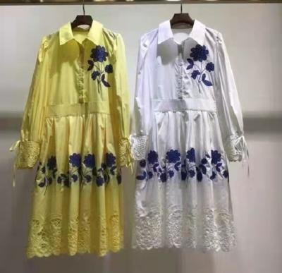 China 2022 Spring Women Summer Long Sleeve Mid-Calf Luxurious White Yellow White Yellow Anti-wrinkle Turn-down Collar Embroidery Dress Top Quality Cotton Dress for sale