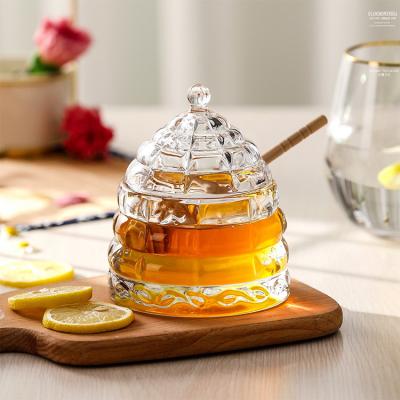 China Freshness Keeping Beehive Crystal Honey Jar with Dipper and Lid Crystal Clear Handcrafted Heavy Glass Stand Container Honey-pot for sale