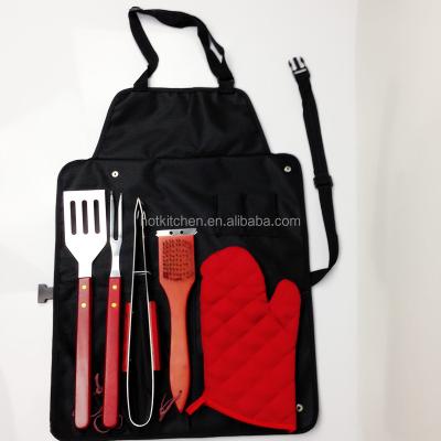 China Easily Cleaned Stainless Steel BBQ 6pcs Grill Tool Kit Handle Apron Wooden Bag W-B0954 for sale