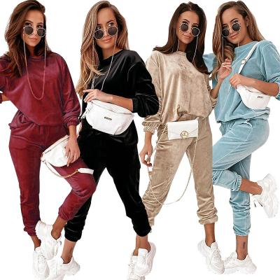 China Autumn Women Clothing Breathable Velvet Two Piece Stacked Rocket Pants Jogger Sweat Suits Velvet Wide Leg Pants Sets Women for sale