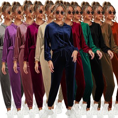 China 2021 Autumn Women Breathable Velor Lady Tracksuit Hoodie Sweatsuit Crop Top Sleeves Long 2 Piece Pants Set Outfit Velor Two Piece Set for sale