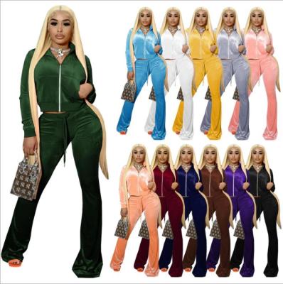 China Women Sweatsuit Zipper Crop Long Sleeve Velvet Casual Tracksuit High Quality Anti-Static Top Two Piece Pants Set for sale