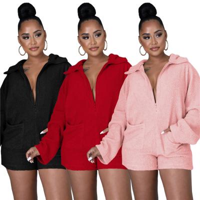 China 2021 Anti-wrinkle Homewear Ladies Short Rompers Long Sleeve Winter Warm Hooded Women Plush One Piece Overalls for sale