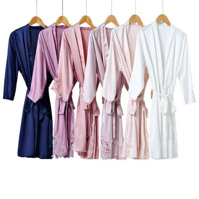 China 824 New Design Breathable Triangle Slik Satin Bride Kimono Long Robe Bridesmaid Long Robes Lace Up Bridal Solid Long Robes for sale