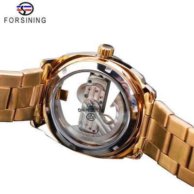 China Automatic Clock Self Wind Stainless Steel Band Watch Skeleton Steampunk Mechanical Men Gold Transparent Forsining Watch Water Resistant for sale