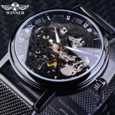 China Top Brand Male Mechanical Wrist Watch Skeleton Winner Men Stainless Steel Mesh Band Transparent Classic Thin Waterproof Cavity Luxury Case for sale