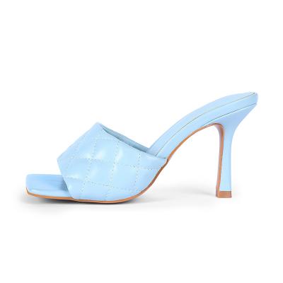 China Fashional Breathable Luxury PU Vamp High Thin Heels Sandals Blue Women Slippers for sale