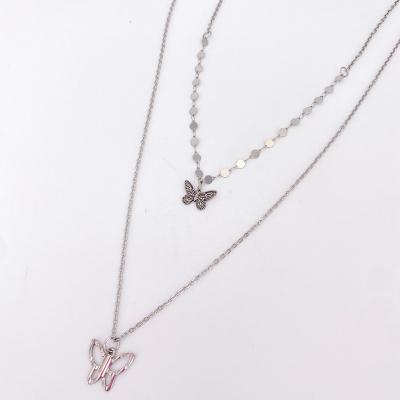 China Wholesale Personalized Butterfly Layered Necklace Hiphop Stainless Steel Women's Jewelry Double Layered Butterfly Pendants for sale