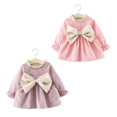 China Breathable Toddler Dress Velvet Inside Ruffle Winter Corduroy Thick Solid Baby Dress With Big Bow for sale