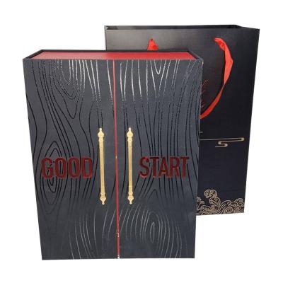 China Luxury Custom Printed Wooden Recyclable Factory Cardboard Wine Packaging Gift Box Wine Wrapping Paper Box Suit For Wine Bottles With Handle Bag for sale