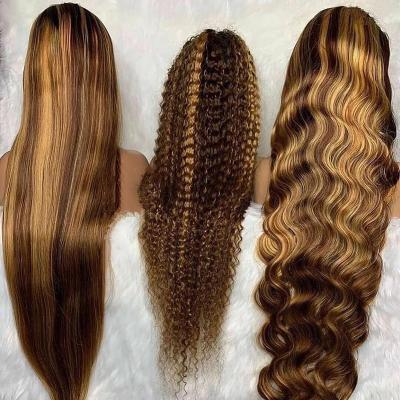 China Addictive Straight Wavy Highlight Colored Hair Wig 13x4 Silky Straight Wave 4/27 Lace Frontal Highlight Hair Wigs Ombre Brown for sale