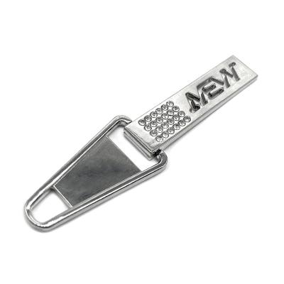 China Nickel Free Custom Metal Brand Zipper Pull Charms With Letter Logo For Clothing And Bags for sale