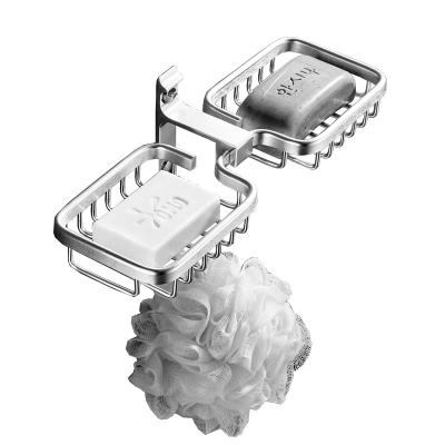 China Double Layer Modern Space Storage Dish Tray Bathroom Soap Basket Aluminum Wall Mounted Adhesive Soap Holder for sale