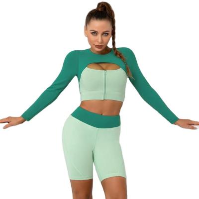 China Breathable Candy Color Sets Two Piece Zipper Sports Fitness Yoga Suits Long Sleeve Quick Dry Shorts For Women for sale