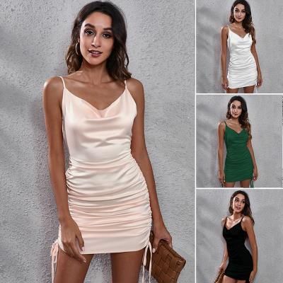 China 2022 Breathable Drawstring Satin V-Neckline QS Downside Pleated Halter Club Dinner Dress Sexy Women Girls One Step Beach for sale