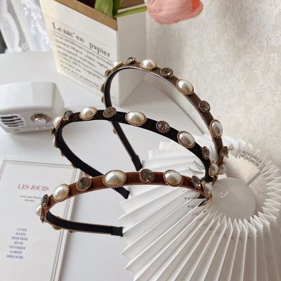 China High Quality/Factory Sourced Retro Hair Accessories Faux Stone Pearl Headband Gold Artificial Thin Velvet Thin Headband for sale