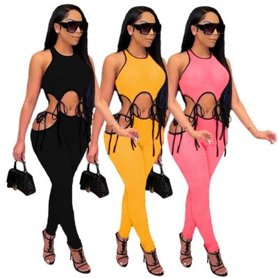 China 2 Piece Women's Skinny Matching Set Sleeveless Top And Pencil Club Loungewear Summer Crop Legging Hole Cut Out Outfit for sale