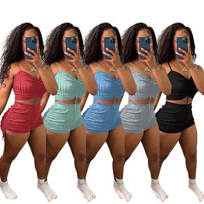 China 2021 New Summer Ladies Stripe Drawstring Breathable Sleeveless Shorts Pants Bandage Women Solid Crop Top Two Piece Tank Set Shorts Set for sale