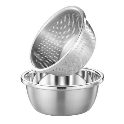 China Customized Logo Versatile Kitchen Strainer 304 Stainless Steel Microporous Colander Rice Washing Bowl Set 550g for sale