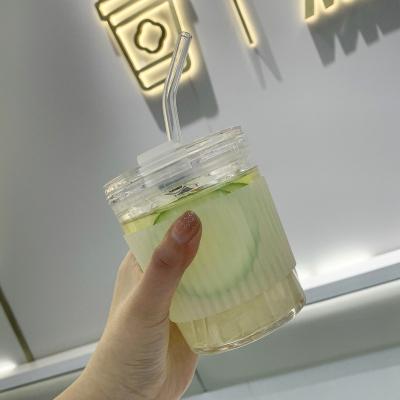 China Transparent Clear 350ml Glass Juice Coffee Milk Cup with Strew and Silicone Sleeve for sale