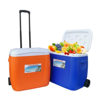 China Waterproof Portable 28L Cooler Ice Bucket Car Camping Fridge With Freezer Thermal Storage Container Wheel Draw Bar Large Food Cool Box for sale