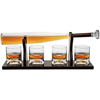 China Hotel Baseball Bat Whiskey Liquor Decanter Bottle And 4 Baseball Whiskey Glasses With Wooden Base Set For Luxury Gift for sale