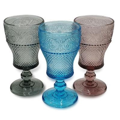 China Old-fashioned CLASSIC Machine-pressed engraved Crystal Colored Wine Glass Goblet for sale