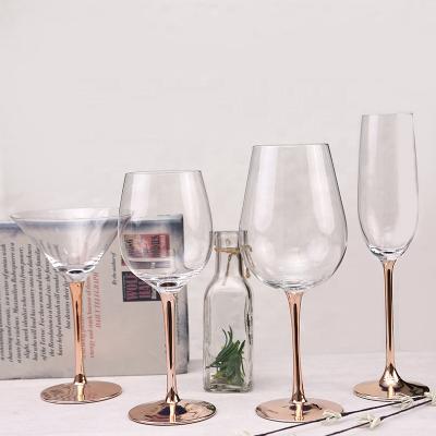 China Modern Unique Luxury Custom Fancy Round Handmade Crystal Glitter Rose Gold Stem Plated Wine Glass for sale