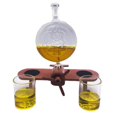 China New Classic/Postmodern Machine Glass Bottle Bitcoin Decanter Form Bottle Glass Whiskey Decanter With 2 Wooden Bottom Set Glasses for sale