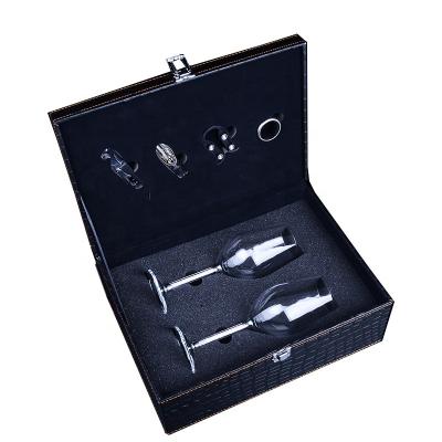 China CLASSIC Luxury PU Wine Carrier Leather Case 2 Piece Diamond Wine Glass With 4 Piece Accessory Set For Gift for sale