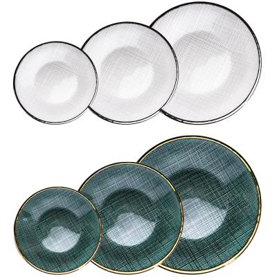 China Amazon Viable Glass Dinner Plate, White Dishes Plate with Silver Rim Green Charger Plates with Gold Rim for Home Wedding for sale