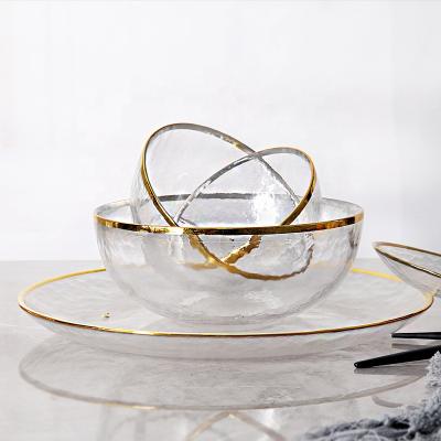 China Sustainable Eco Friendly Luxury Dish Set Glass Dinnerware With Gold Rim for sale