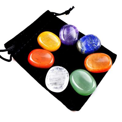 China Europe Wholesale Natural Chakra Engraved 7 Gemstone Set Reiki Healing Crystals 7 Chakra Gusha Stones Set for sale