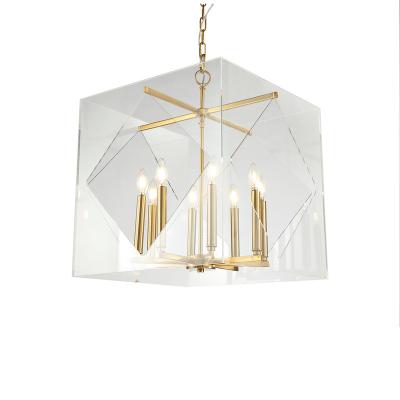 China 2022 New Style Nordic Modern Acrylic Iron Home/Hotel/Dining/Bedroom Pendant Lamp with Rectangle Brass Box Mid Size Finish Pendant Light for Home Decor for sale