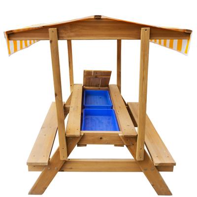 China Ourdoor Toys Wooden Table And Sunshade Adjustable Outdoor Kids Chair With Sandbox Set for sale