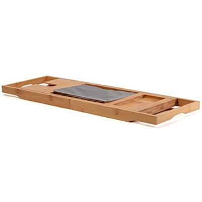 China Sustainable Bamboo Tub Organizer Wooden Bathroom Tray With Extended Sides Phone Tray And Wine Glass Holder for sale