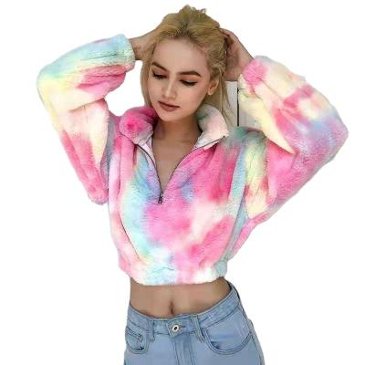 China 2021 New Anti-wrinkle Fashion Tie Dye Dye Short Jacket Ladies Shear Sweater Crop Jacket Soft Coat Women for sale