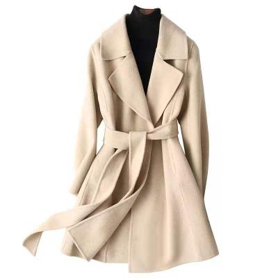 China Anti-wrinkle new winter fashionable woolen coat women style double faced woolen fabric middle long overcoat 100% woolen coats for sale