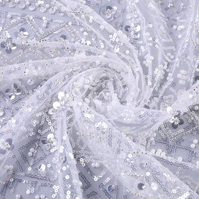 China New Style Viable Evening Fabric White Tulle Lace With Floral Beads Polyester Lace Fabric Sequin Fabric for sale